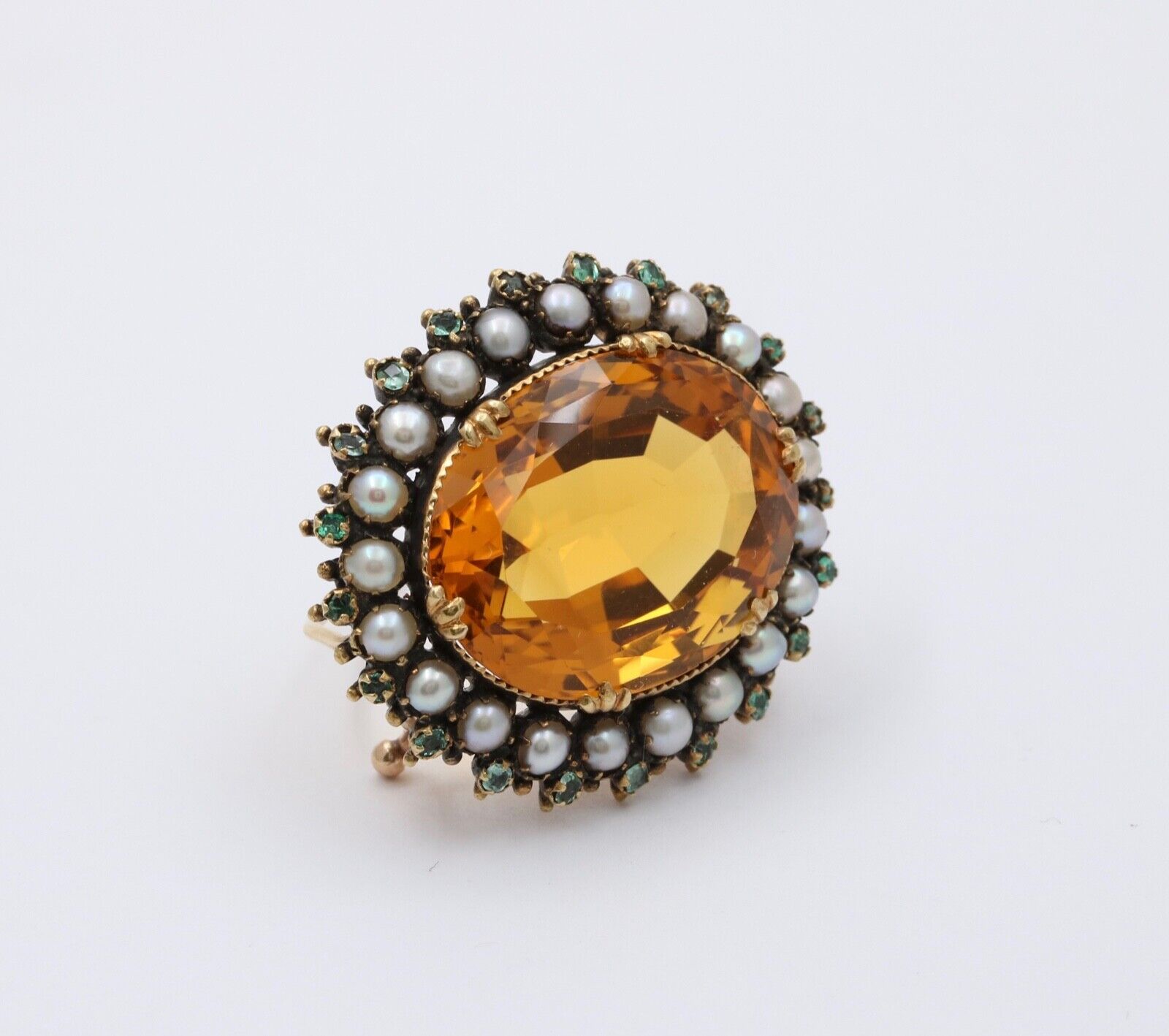 Victorian Madeira Citrine, Pearl Emerald 14K Gold Brooch, Antique Brooch.