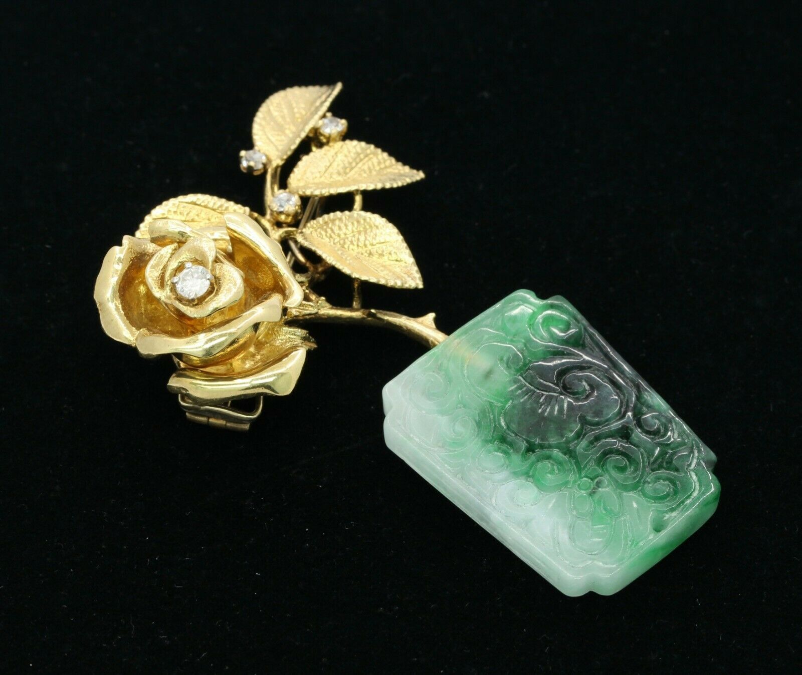 Vintage Heavy Custom Made 18K Yellow Gold Diamond Jade Rose Flower Pot Brooch