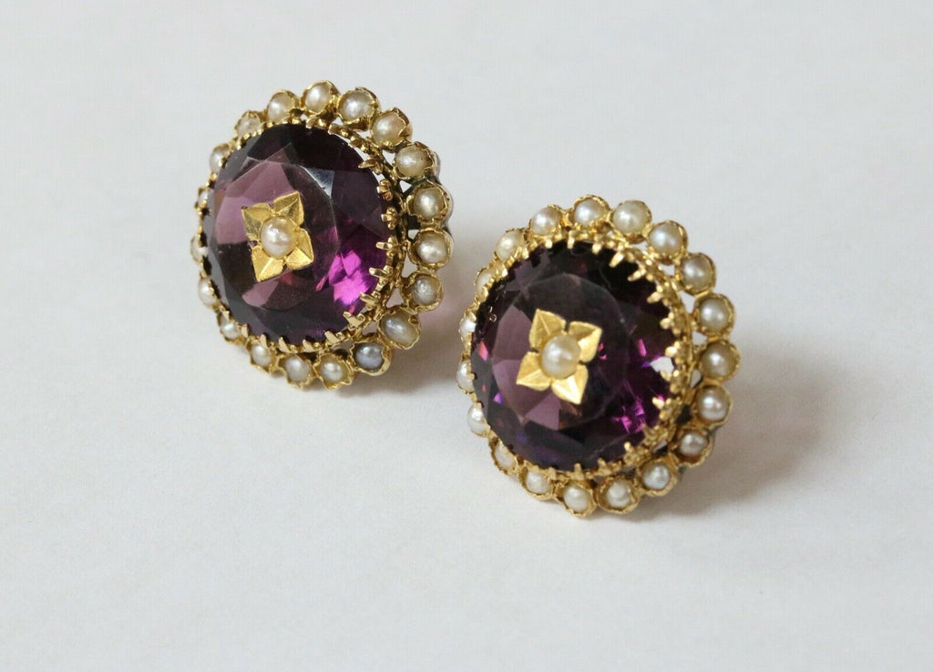Victorian 18K Yellow Gold Amethyst Seed Pearls Brooch Earrings Set