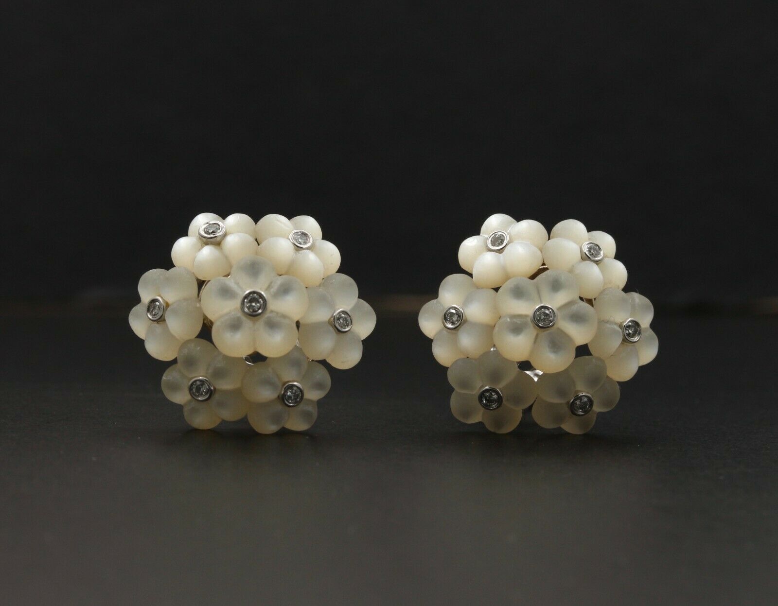 Vintage 14K White Gold Moon Stone Diamond Floral Omega Back Earrings