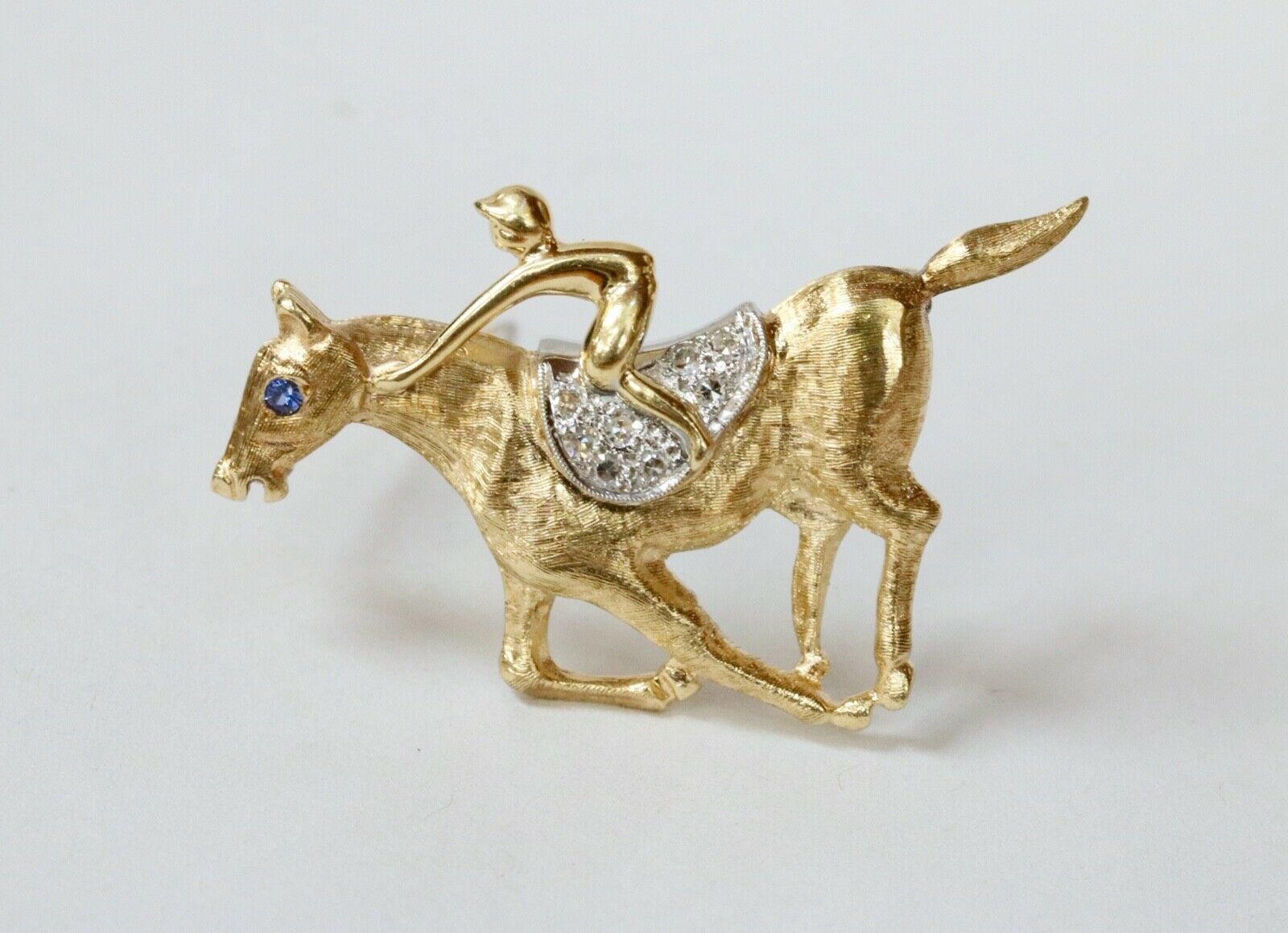 Vintage Horse Jockey Racing 14K Yellow White Gold Diamonds Sapphire Brooch Pin