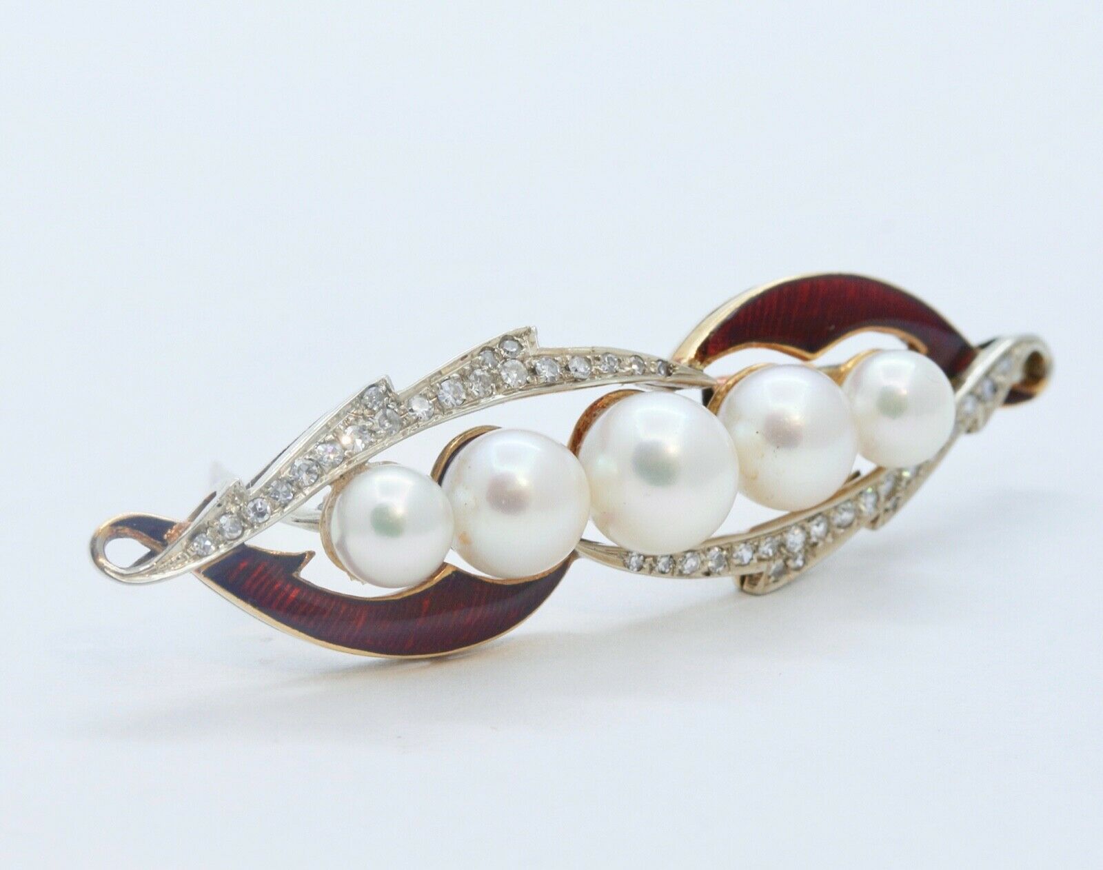 Unique Art Deco Diamonds Pearls Red Enamel 18K Yellow Gold Brooch Pin