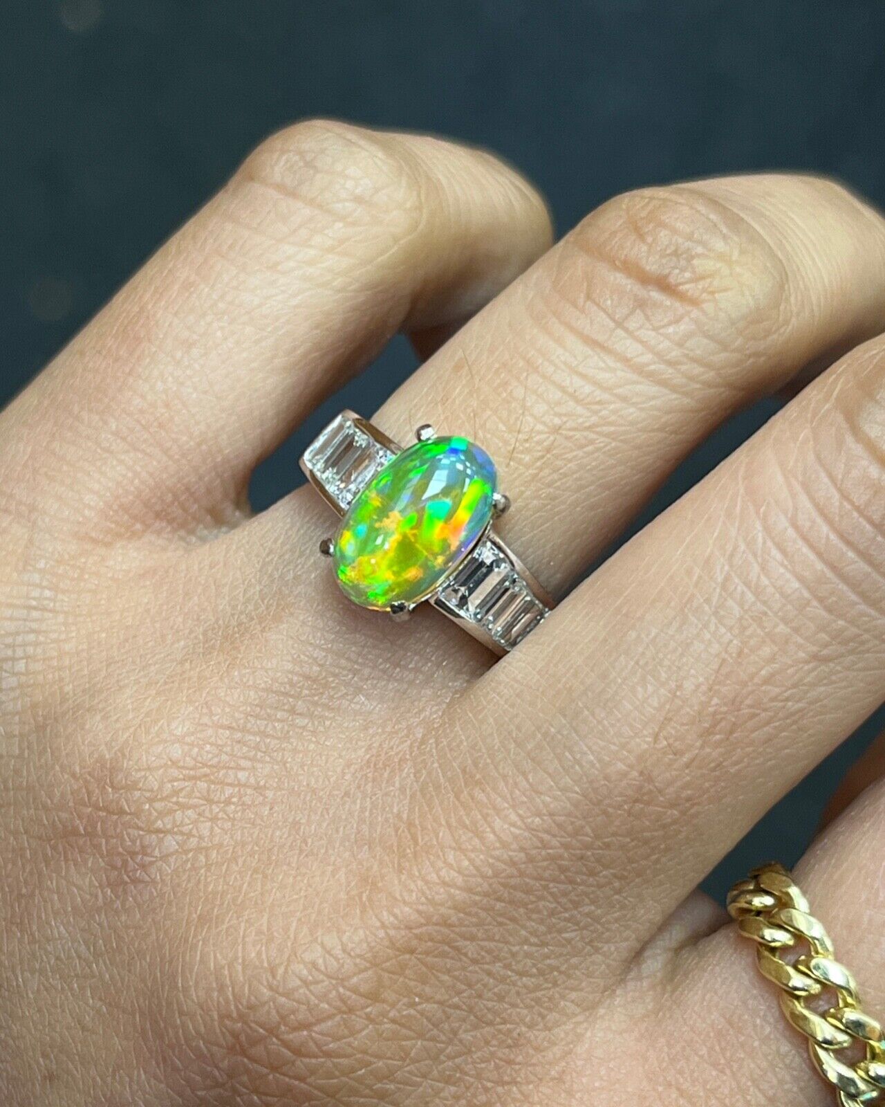 Vintage 18K White Gold Ethiopian Opal and Diamond Alternative Engagement Ring