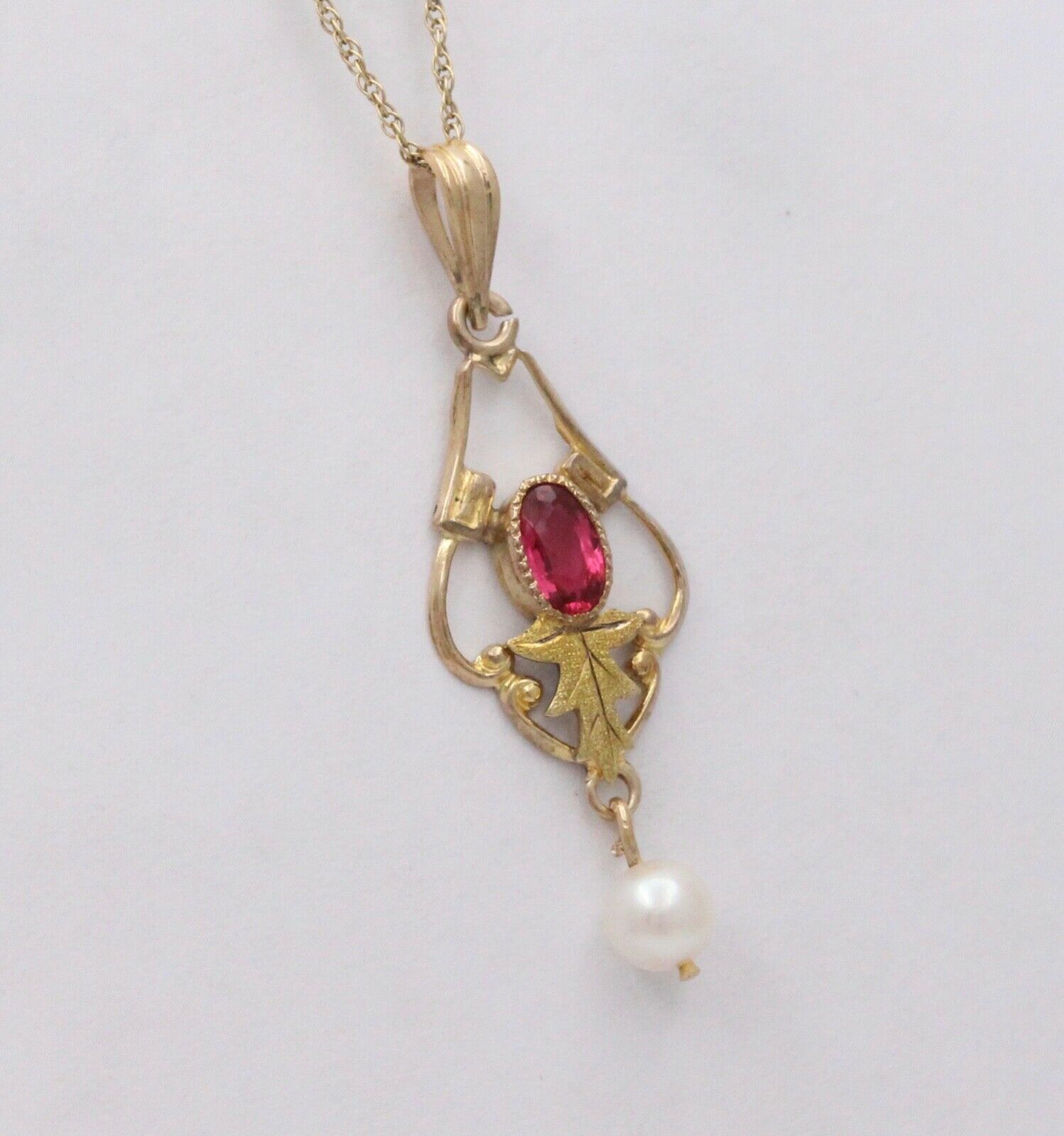 Antique Art Nouveau 10K Yellow Gold Pink Tourmaline & Pearl Charm, Teardrop Pend