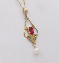 Load image into Gallery viewer, Antique Art Nouveau 10K Yellow Gold Pink Tourmaline &amp; Pearl Charm, Teardrop Pend
