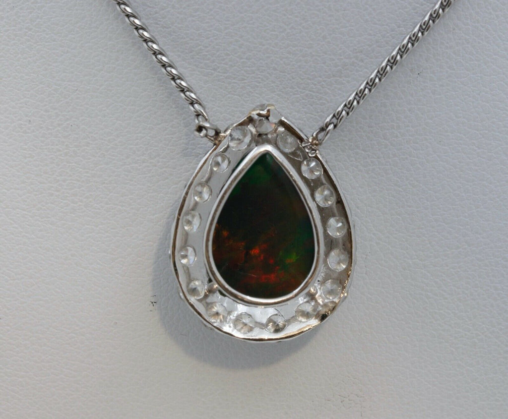 Vintage Opal Diamonds 18K 14K White Gold Pendant Chain