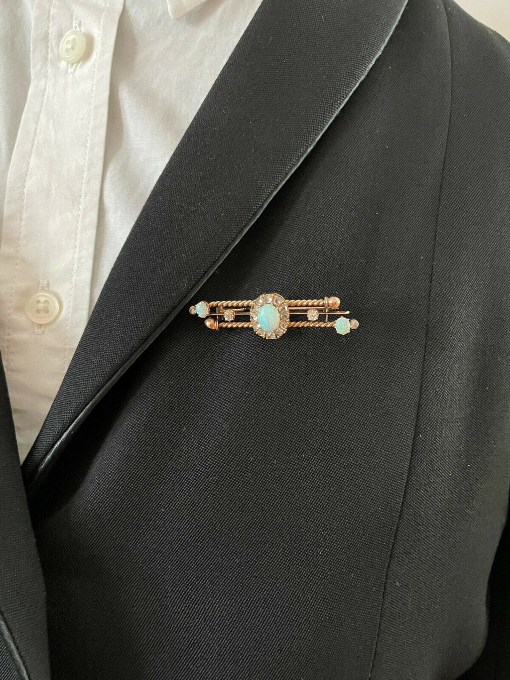 Victorian Opals Diamonds 14K Rose Gold Brooch Pin