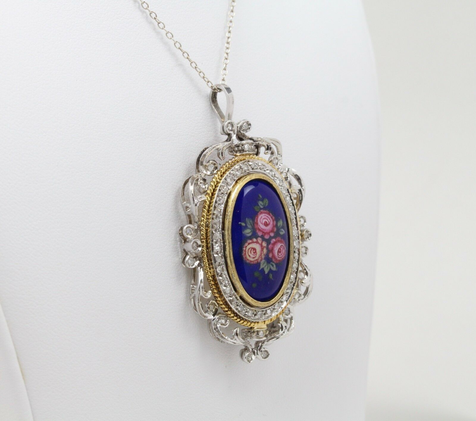 Vintage 18K Yellow Gold Italian Floral Enamel Diamond Pendant Brooch