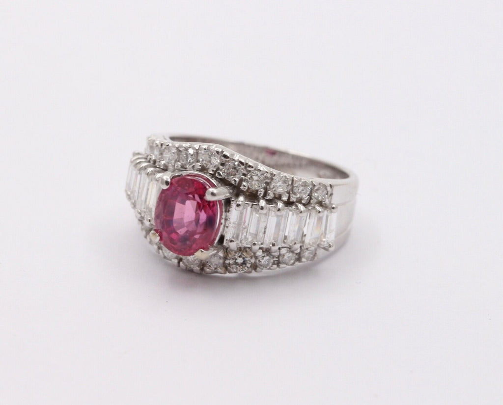 Vintage Pink Sapphire Diamonds 14K White Gold Ring