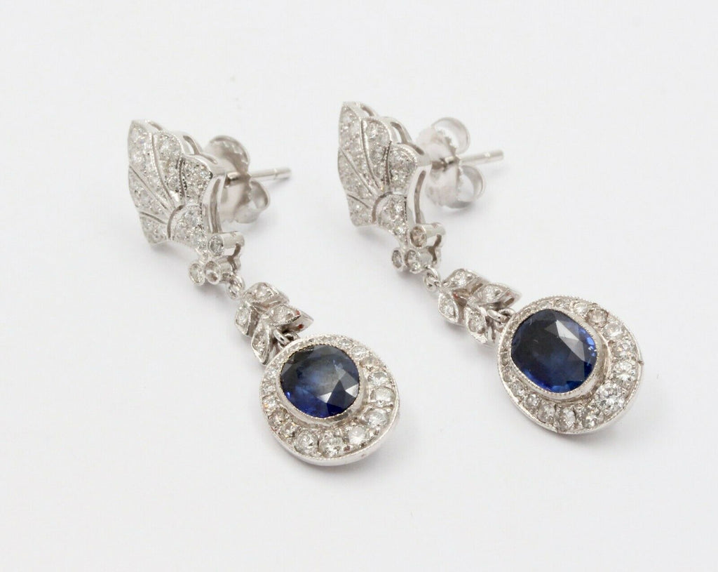Vintage 18K White Gold Hanging Sapphire Diamond Earrings