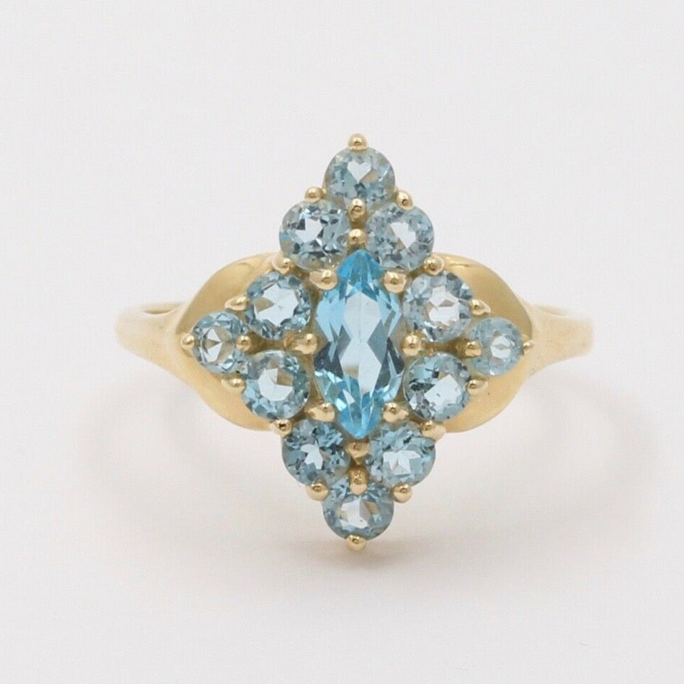 Vintage London Blue Topaz 14K Yellow Gold Navette Cluster Ring