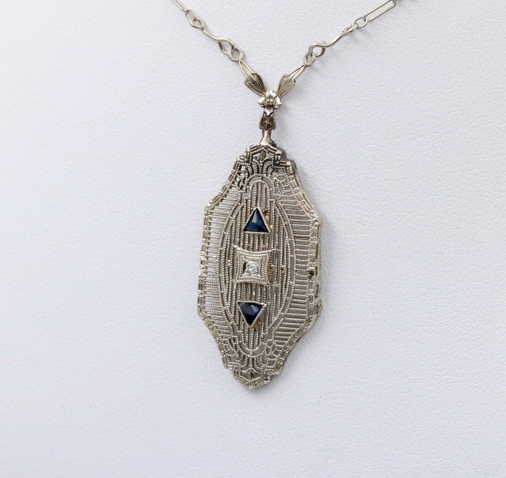 Art Deco 10K Gold Filigree Diamond & Sapphire Pendant Necklace