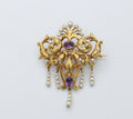 French Victorian 18K Yellow Gold Floral Amethyst Pearl Brooch