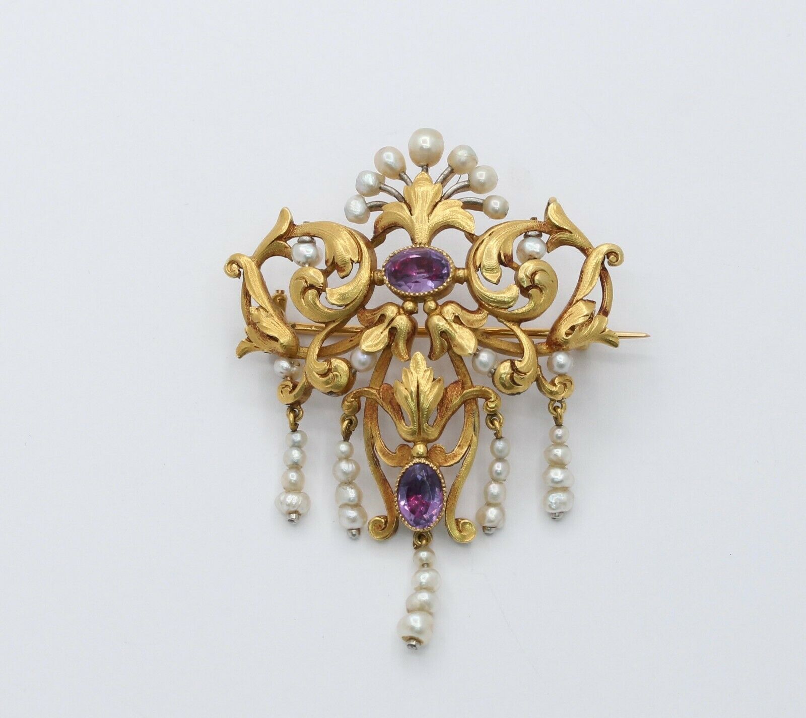 French Victorian 18K Yellow Gold Floral Amethyst Pearl Brooch