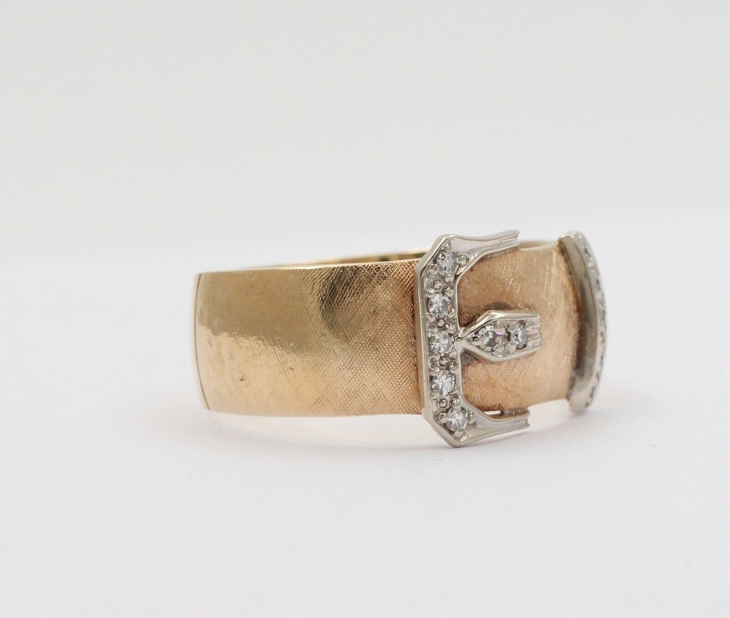 Vintage Buckle Unisex 14K Yellow White Gold Diamonds Band Ring