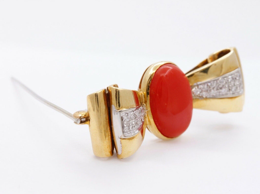 Vintage Red Coral Diamonds 18K Yellow White Gold Brooch Pin