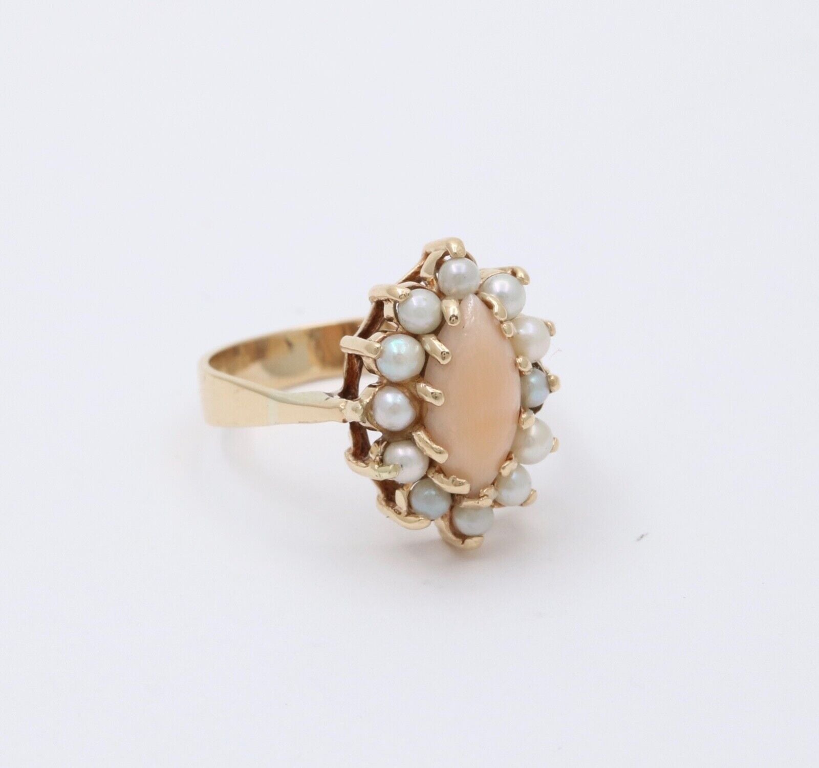 Vintage Pink Coral Pearls 14K Yellow Gold Ring