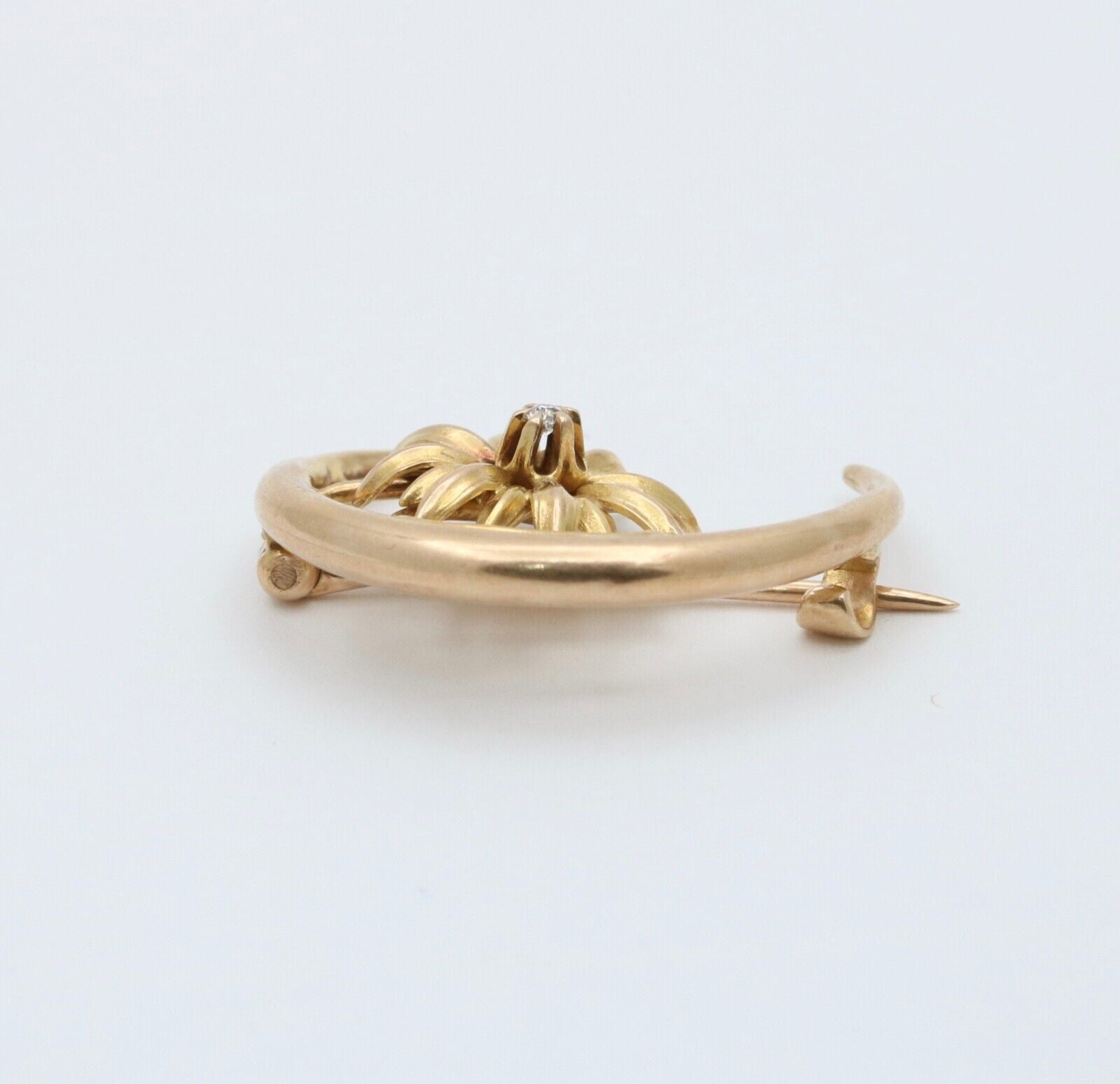 Victorian 10K Yellow Gold Crescent & Chrysanthemum Flower Diamond Pin