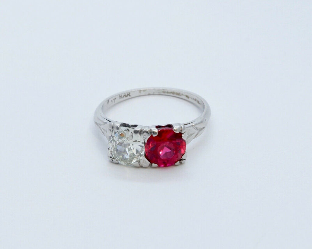 Art Deco Ladies Large Diamond Ruby Platinum Ring