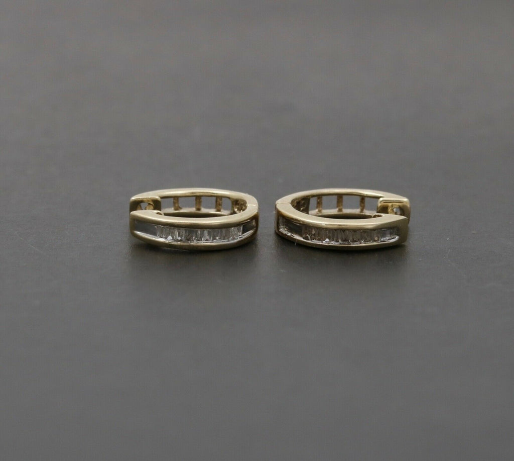 Cute Vintage Huggie Baguette Diamonds 10K Yellow White Gold Earrings