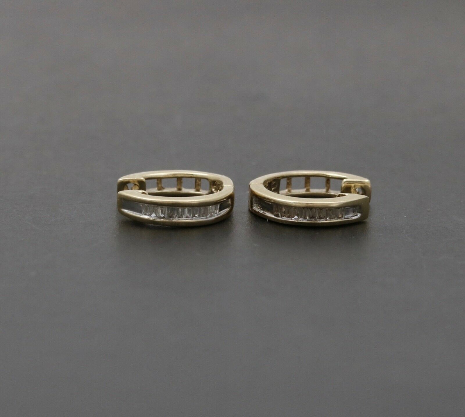 Cute Vintage Huggie Baguette Diamonds 10K Yellow White Gold Earrings