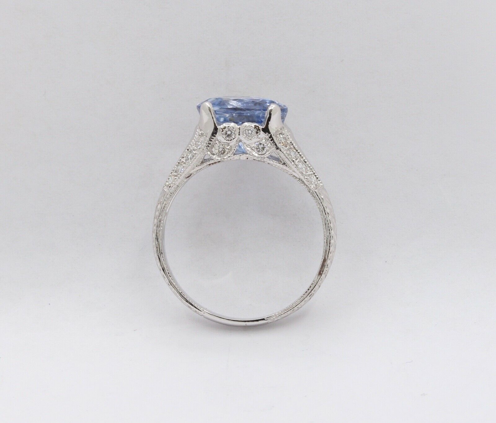 Uniquely Shaped Blue Sapphire and Diamonds 18K White Gold Ring