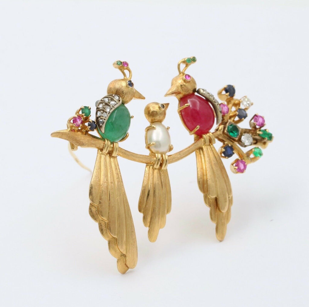 Birds of Paradise Emeralds Rubies Diamonds 18K YG Brooch
