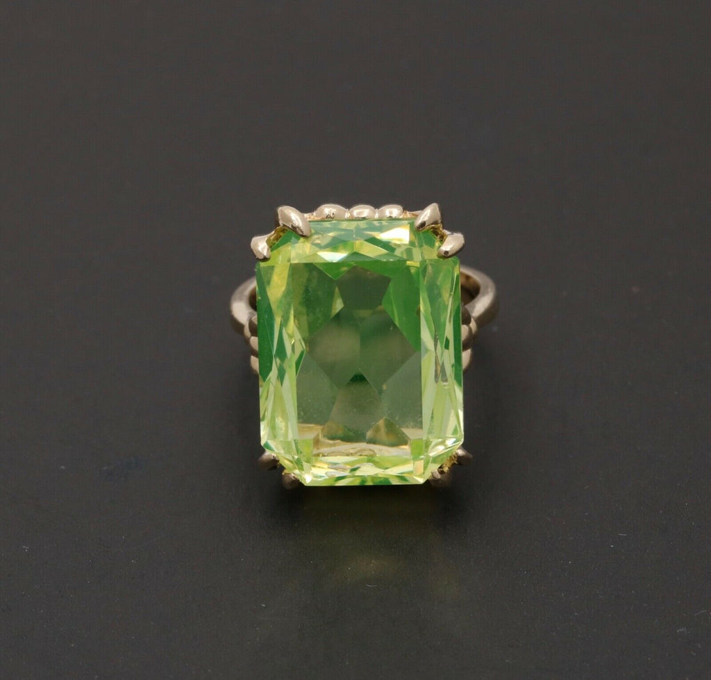 Vintage 14K Yellow Gold Uranium Glass Gem Rhinestones Ring, Vaseline Glass Ring
