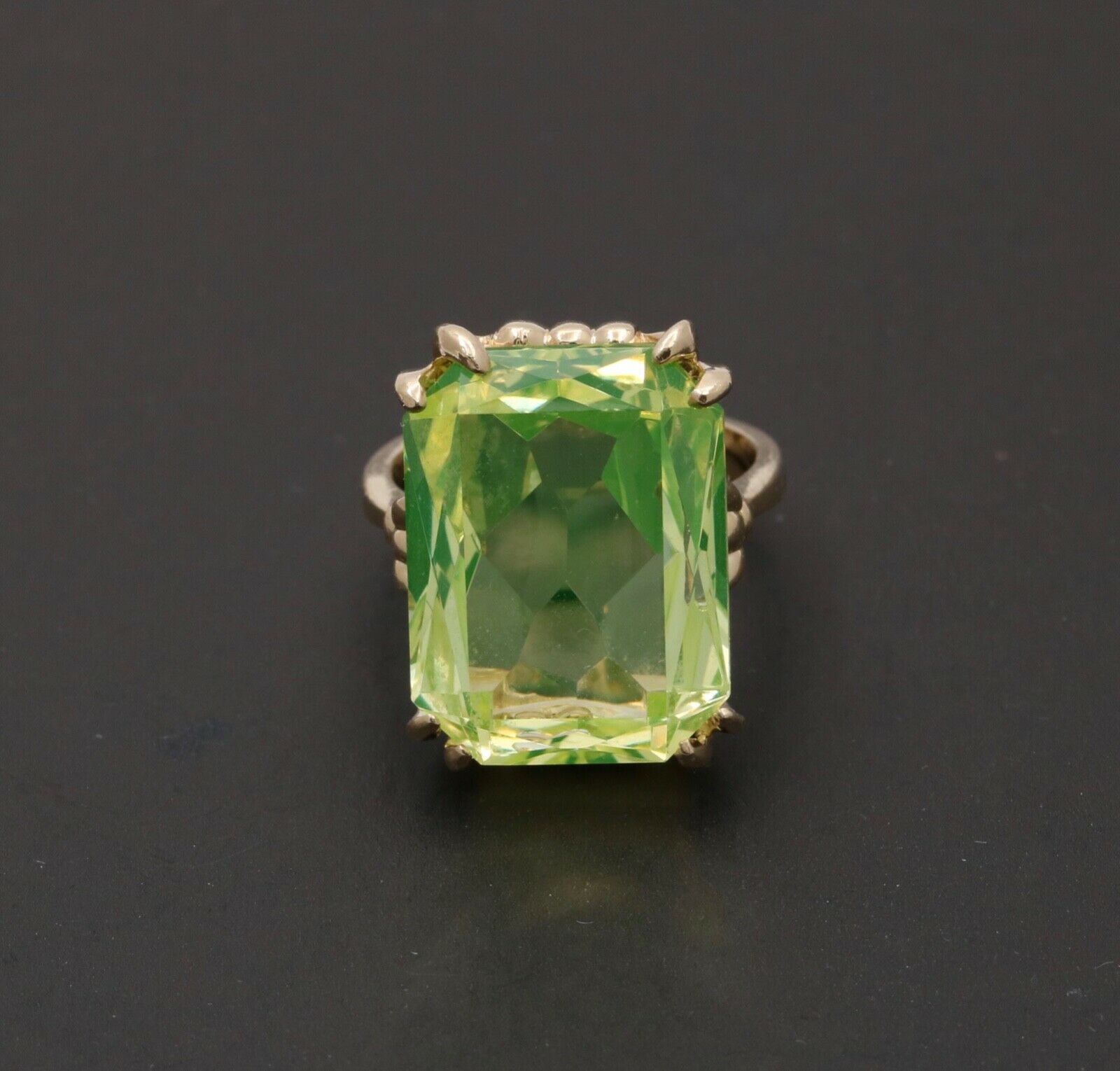 Vintage 14K Yellow Gold Uranium Glass Gem Rhinestones Ring, Vaseline Glass Ring
