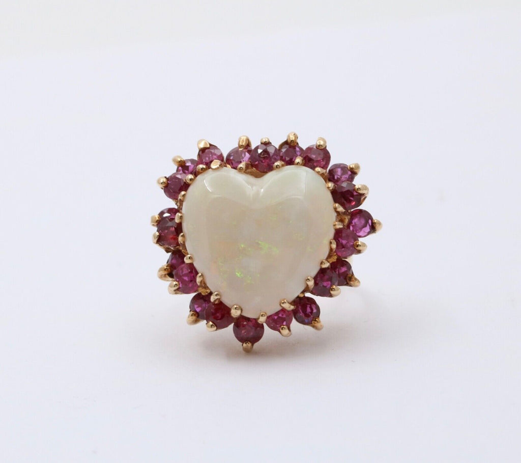 Vintage 14K Gold Heart Opal & Ruby Halo Ring.