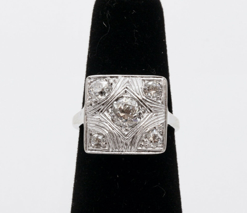 Art Deco Geometric Rope Filagree Diamonds 14K White Gold Ring