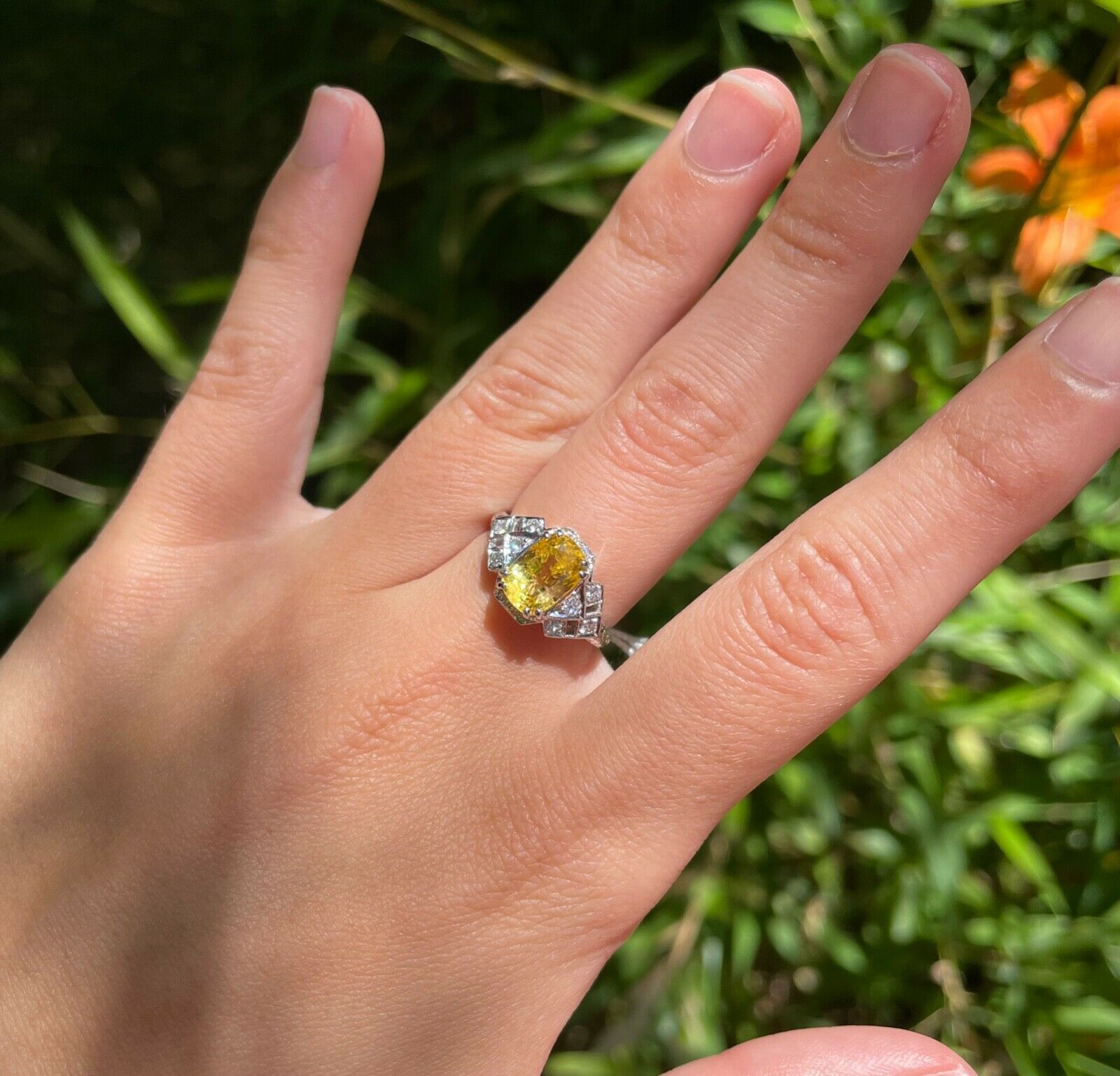 2.48 carats Cushion Cut Vivid Yellow Sapphire 18K White Gold Diamond Ring