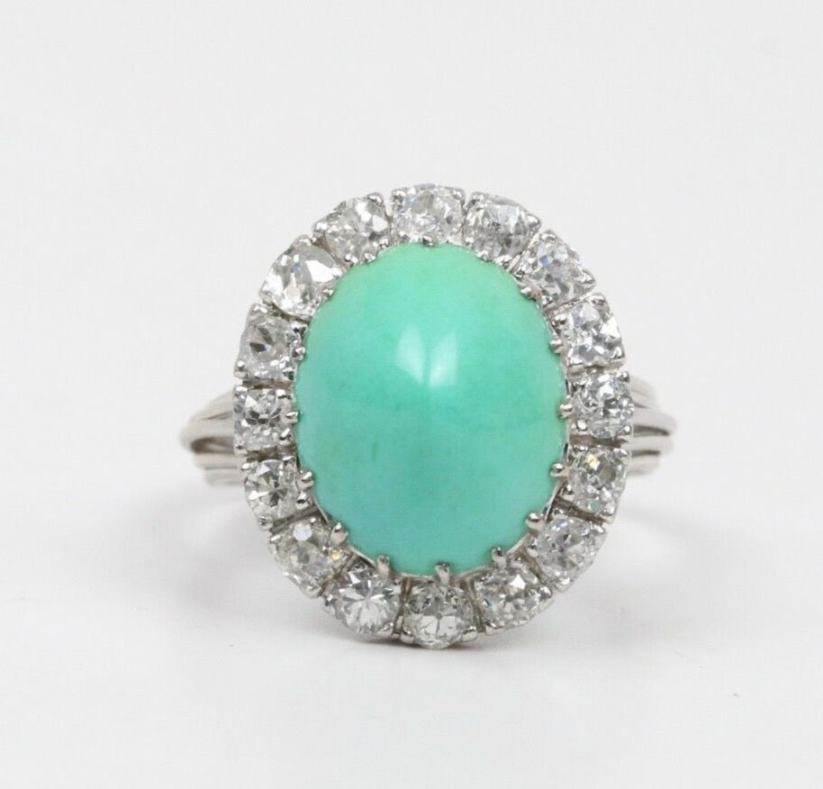 Vintage Turquoise and Diamonds 18K White Gold Ladies Ring