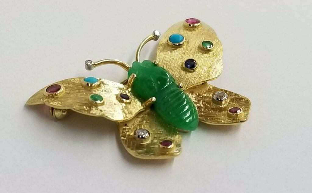 Vintage Jade Butterfly 18K Yellow Gold Multi Stone Brooch Pin