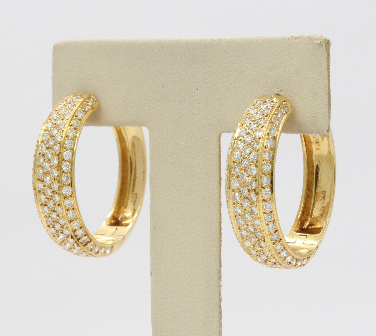 Vintage Ladies Fat 18K Yellow Gold Diamonds Hoop Earrings