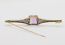 Load image into Gallery viewer, Antique Art Deco Amethyst 10K Yellow Gold Filigree Bar Pin
