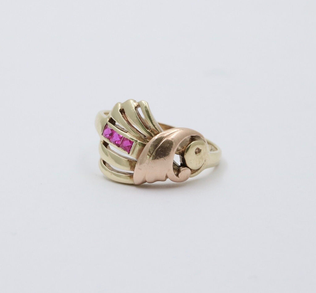 Vintage Seashell Ruby 14K Yellow Rose Gold Ring