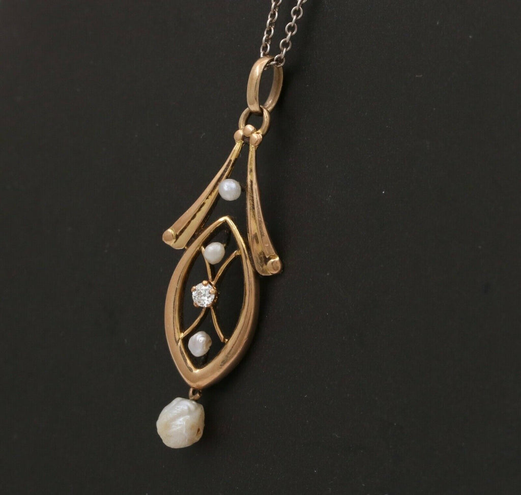 Art Nouveau Diamond Seed Pearls 10K Yellow Gold Pendant