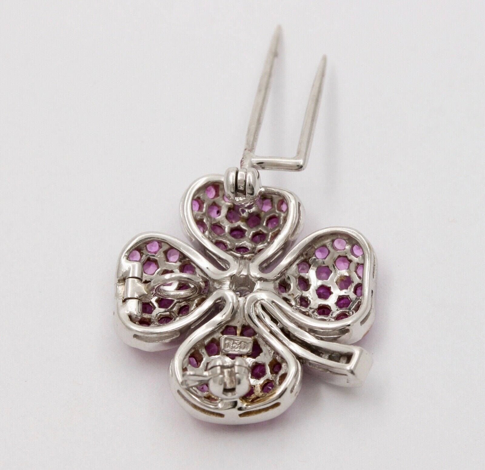 Vintage Four Leaf Clover Rubies Diamonds 14K White Gold Pendant Brooch Pin