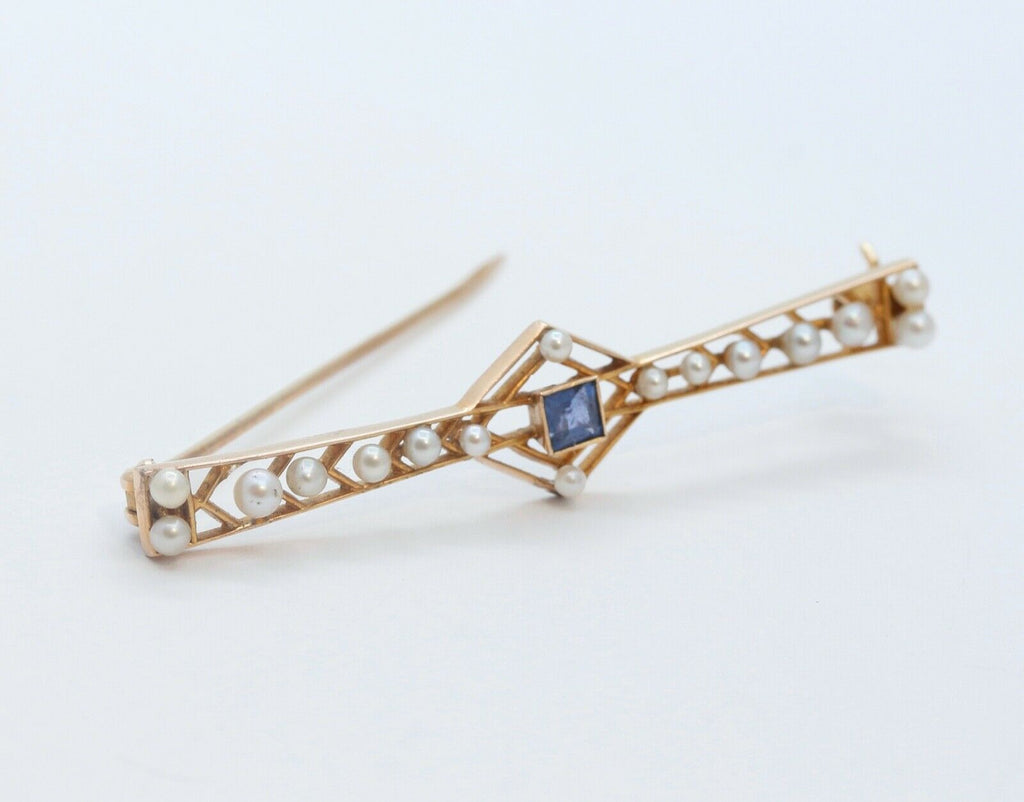 Art Deco 14K Yellow Gold Blue Sapphire Pearls Brooch Pin