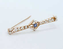 Load image into Gallery viewer, Art Deco 14K Yellow Gold Blue Sapphire Pearls Brooch Pin
