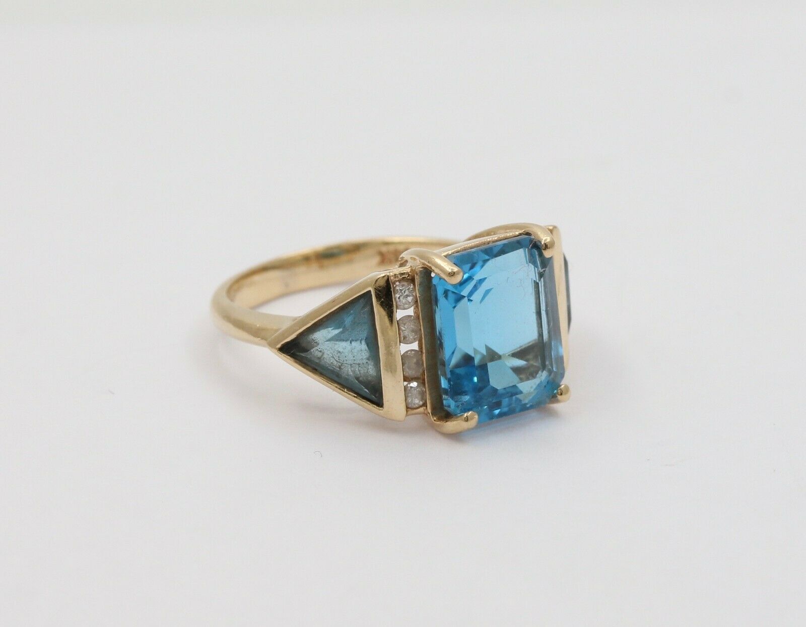 Vintage Emerald-cut London Blue Topaz 14K Yellow Gold Diamond Ring, Cocktail Rin
