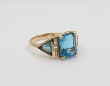 Load image into Gallery viewer, Vintage Emerald-cut London Blue Topaz 14K Yellow Gold Diamond Ring, Cocktail Rin
