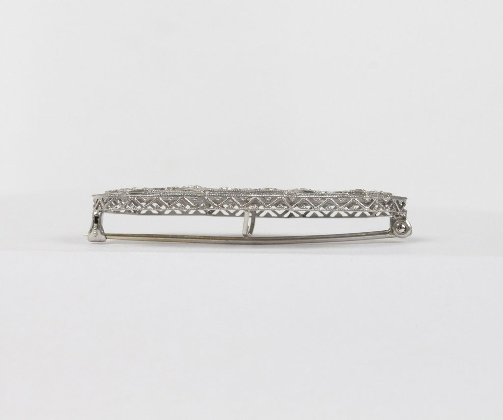 Art Deco 14K White Gold Diamond Filigree Brooch