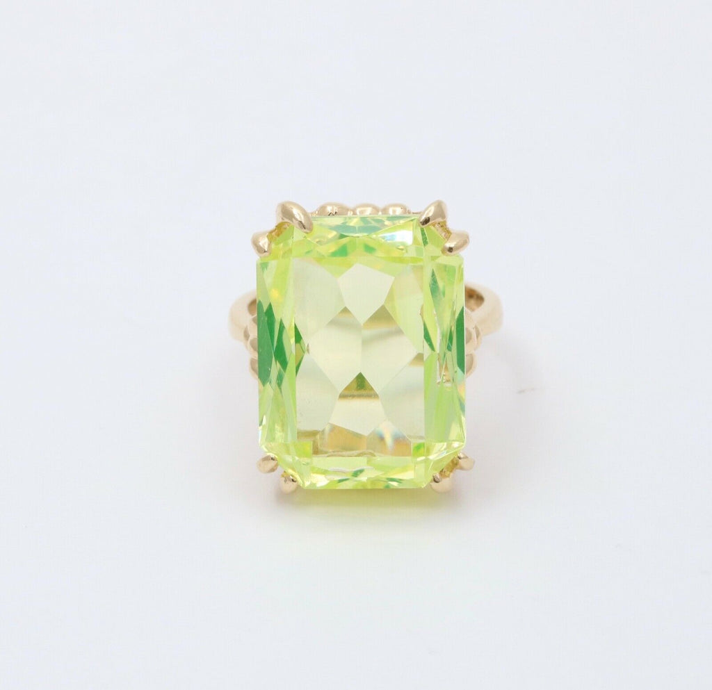 Vintage 14K Yellow Gold Uranium Glass Gem Rhinestones Ring, Vaseline Glass Ring