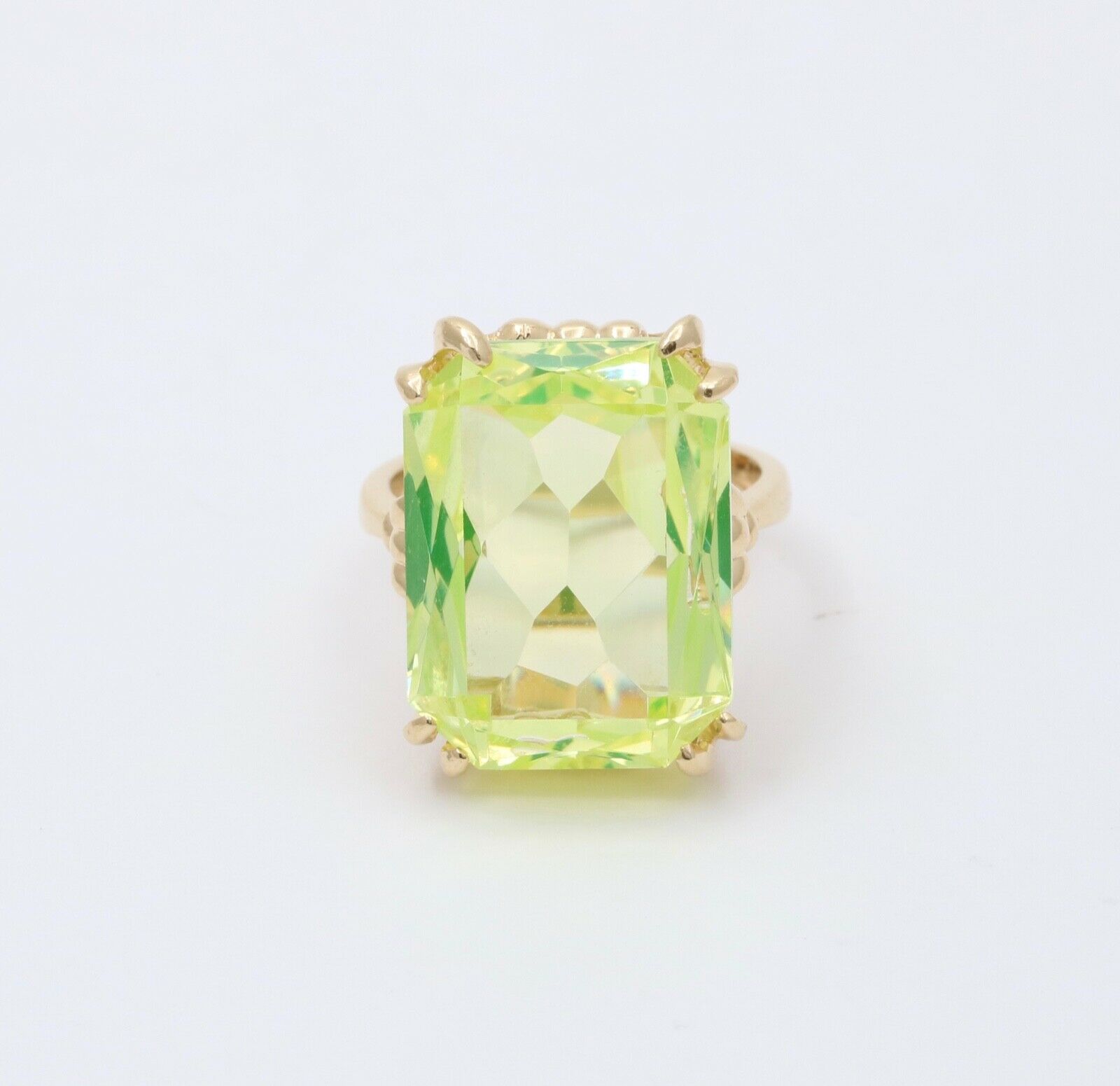 Vintage 14K Yellow Gold Uranium Glass Gem Rhinestones Ring, Vaseline Glass Ring