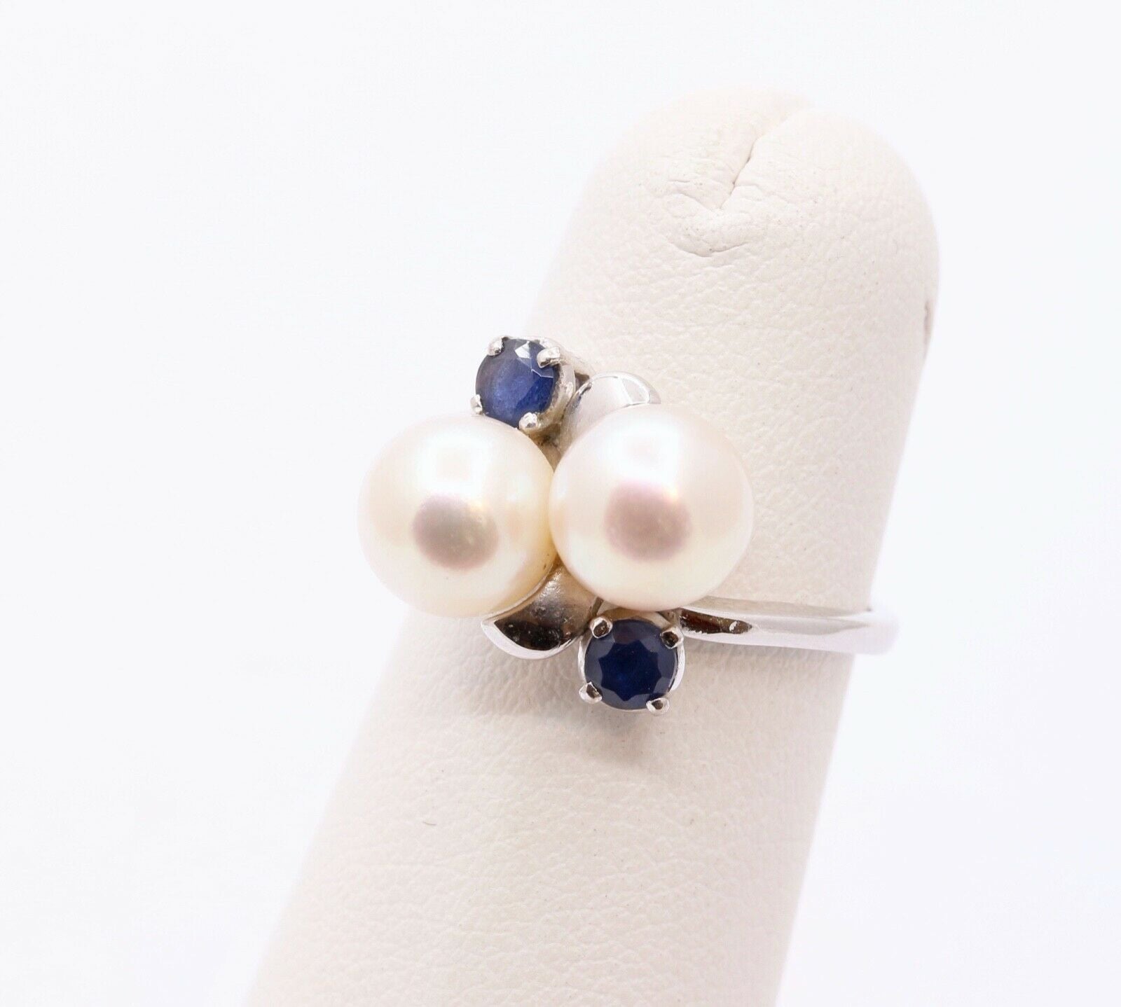Mikimoto Vintage Pearls Blue Sapphires 14K White Gold Ring