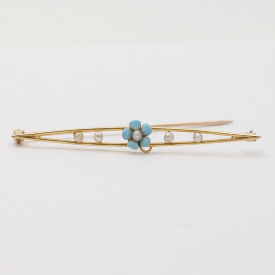 Antique Art Nouveau 10k Yellow Gold Forget Me Not Pearl Enamel Bar Pin