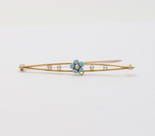 Load image into Gallery viewer, Antique Art Nouveau 10k Yellow Gold Forget Me Not Pearl Enamel Bar Pin
