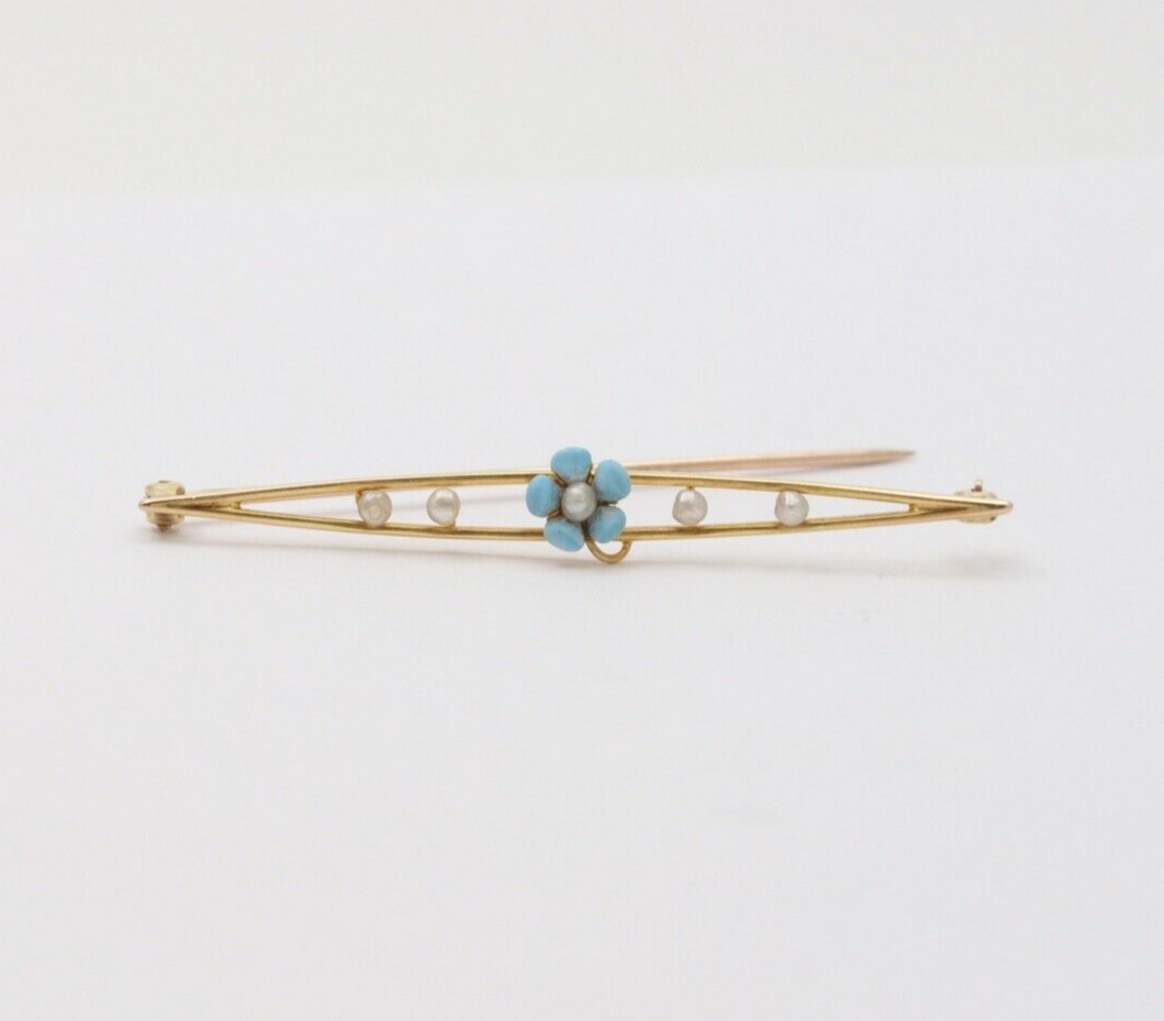 Antique Art Nouveau 10k Yellow Gold Forget Me Not Pearl Enamel Bar Pin